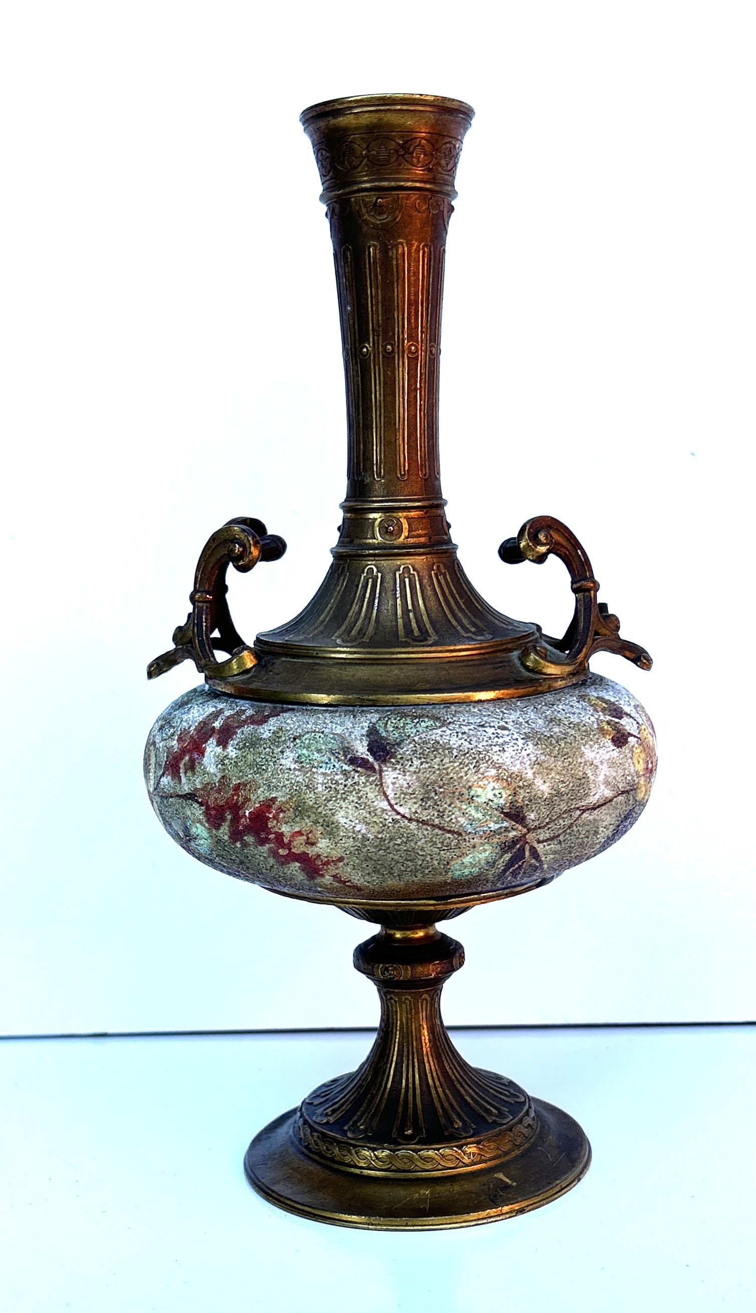 19th C. Victorian Brass Vase with Center Coralene Floral Decoration 9 1/2 in. height x 4 3/4 in.: 19th C. Victorian Brass Vase with Center Coralene Floral Decoration 9 1/2 in. height x 4 3/4 in.