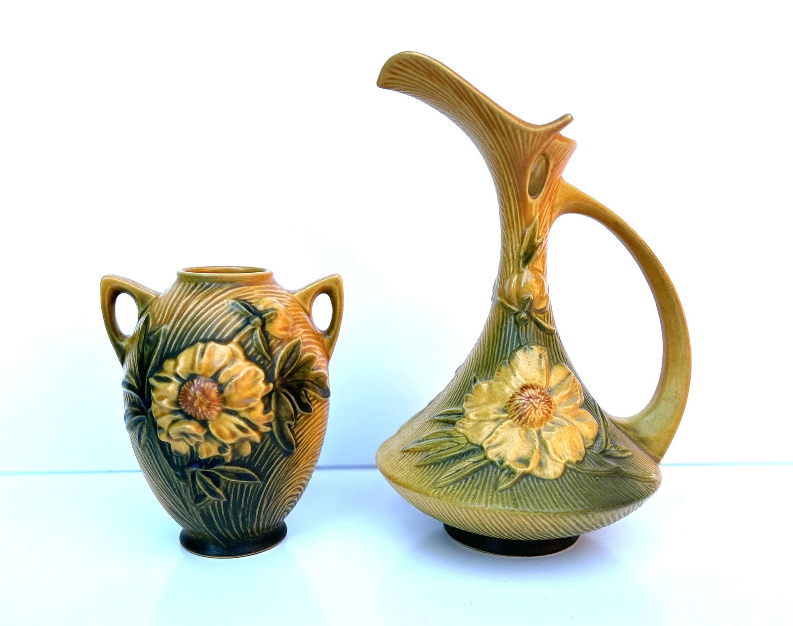 [2] ROSEVILLE Art Pottery: Vase 6 1/2 in. and Tall Ewer Peony 10 3/4 in. (1 of 4)