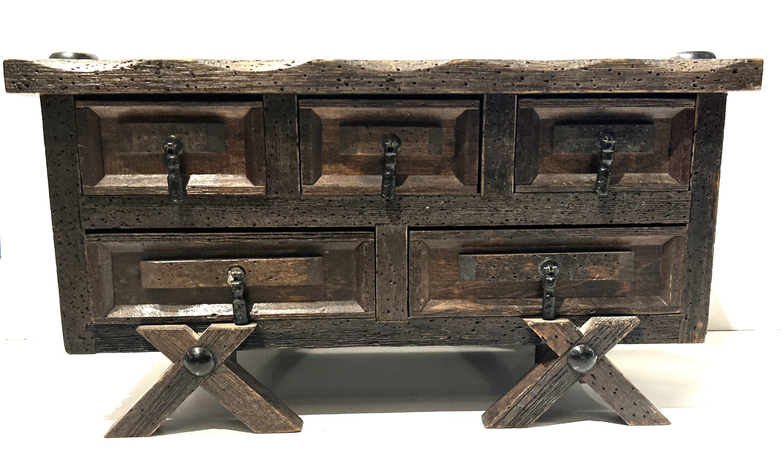 Wooden Arts and Crafts 5-Drawer Jewelry Box , Musical Wind Up, Original Dark Patina: Wooden Arts and Crafts 5-Drawer Jewelry Box , Musical Wind Up, Original Dark Patina. Size: 7.5 in. height x 14 1/4 in. length x 7 in. depth
