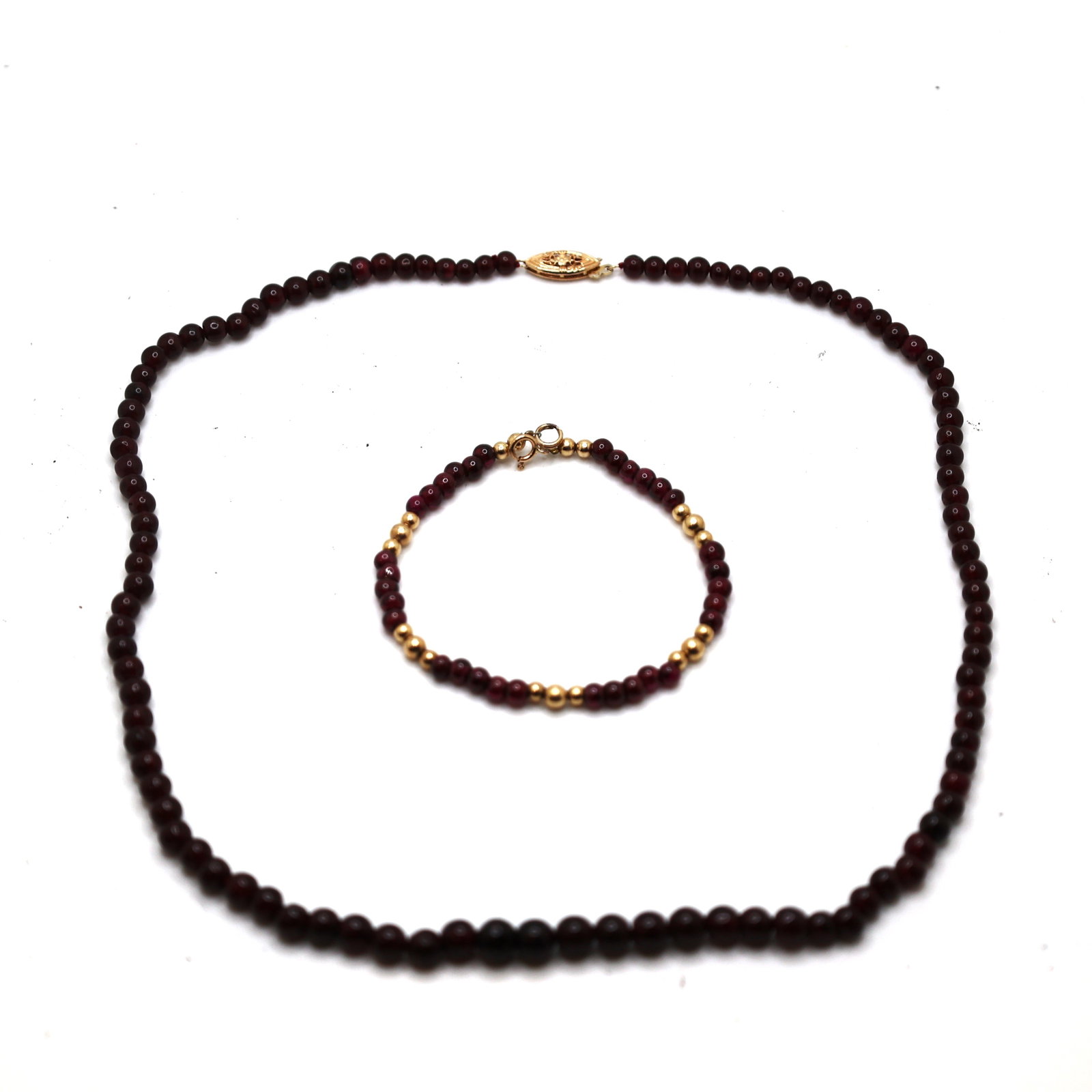 14K Clasp and Beads with Garnet Beads Necklace 19 in. x 1/4 in. and Bracelet 7 in. x 1/8 in.: 14K Clasp and Beads with Garnet Beads Necklace 19 in. x 1/4 in. and Bracelet 7 in. x 1/8 in.