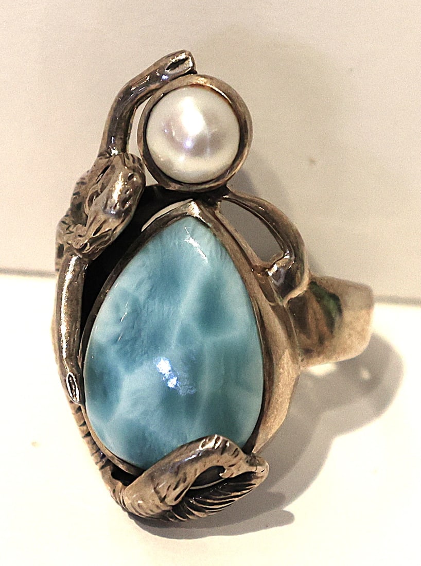 .925 Sterling Silver Arya Mermaid Encompassing a Genuine Freshwater Pearl & Turquoise Stone Ring (1 of 3)