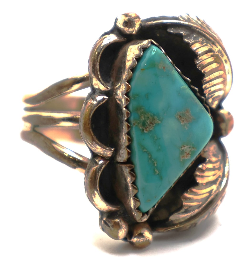 12K Gold Filled and Sterling with Turquoise Flanked by 2 Feathers Ring Size 6.5, marked J/C (1 of 6)