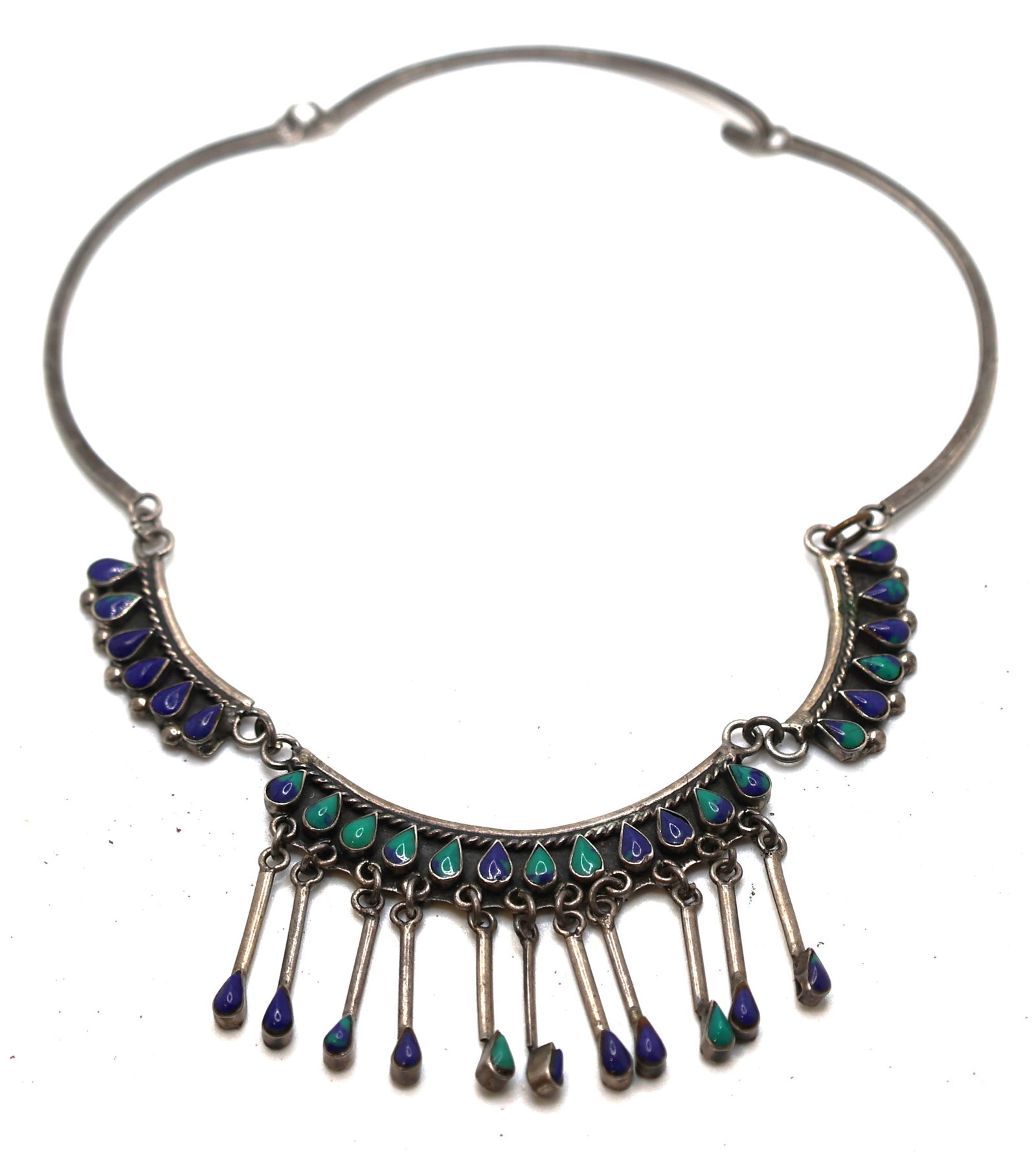 Mexico TC-92 .925 Sterling Silver Malachite with Lapis Tear Shaped Stones, Fringe Necklace (1 of 4)
