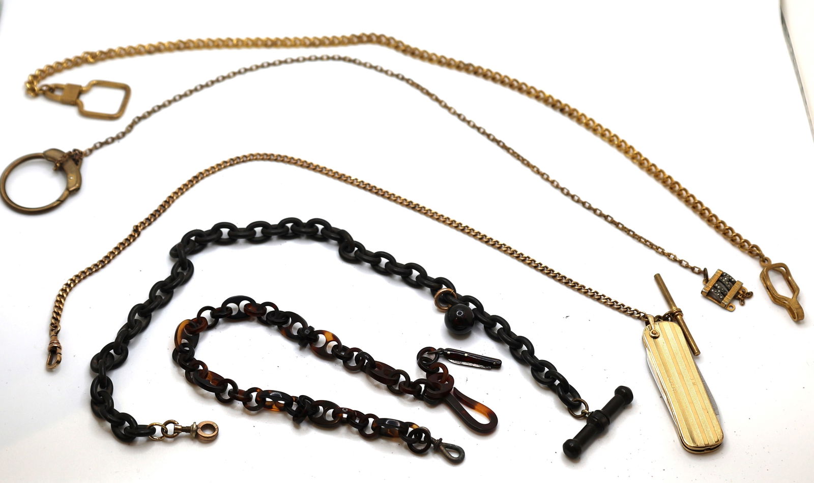 5 Assorted Watch Fob Chains: Celluloid with Mini Pocket Knife; Celluloid with Ball & Bar; Gold Tone (1 of 6)