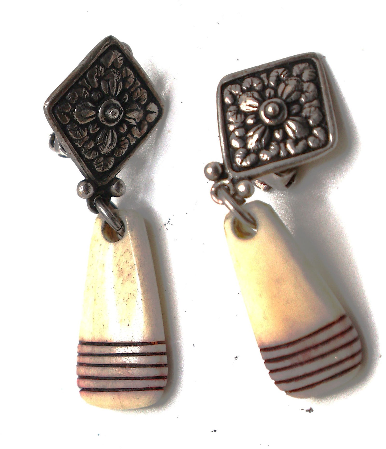.925 Sterling Silver with Bone Clip-on Earrings, Red Ink Etched into Lines on Bone 2 in. x 5/8 in.: .925 Sterling Silver with Bone Clip-on Earrings, Red Ink Etched into Lines on Bone 2 in. x 5/8 in.