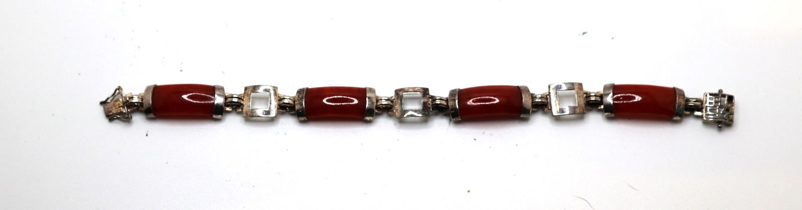 .925 Sterling Silver GS I Red Jade 4-Panel Bracelet 7 1/2 in. x 1/2 in. (1 of 8)