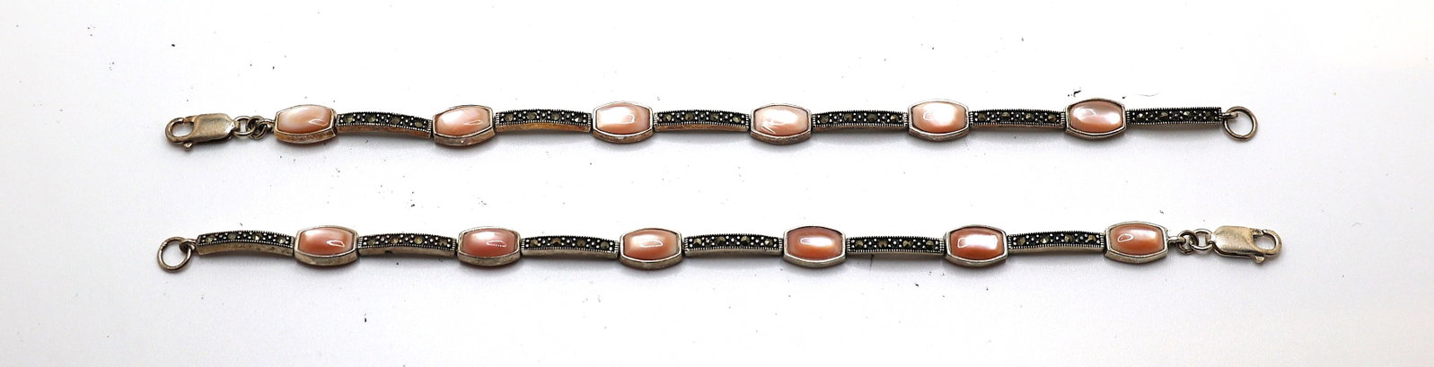 [2] .925 Sterling Silver Mother of Pearl MOP & Marcasites Bracelets 8 in. x 1/4 in. each: [2] .925 Sterling Silver Mother of Pearl MOP & Marcasites Bracelets 8 in. x 1/4 in. each