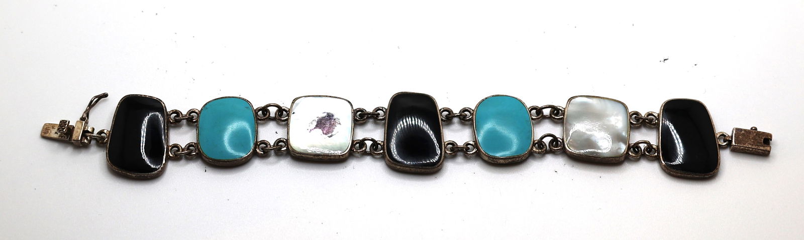 .925 Sterling Silver with Black Onyx, Turquoise and Mother of Pearl MOP Panels Bracelet (1 of 3)