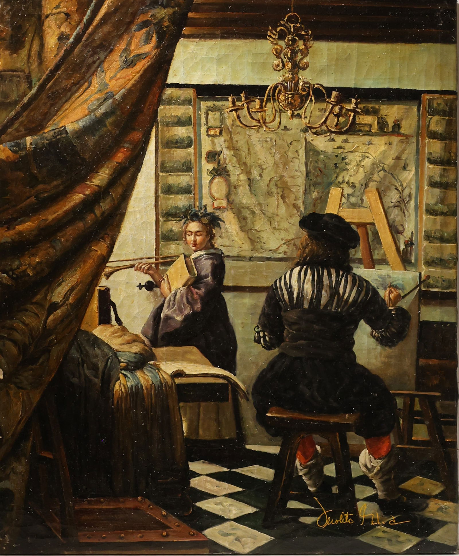 Painter in his Studio done after Jan Vermeer's Original Oil on Canvas Painting Artist Signed: Painter in his Studio done after Jan Vermeer's Original Oil on Canvas Painting Artist Signed. Nice quality signed by an illegible artist. Size 20 in. x 24 in.; ASKart: Jan Vermeer Born: 1632 - Delft,