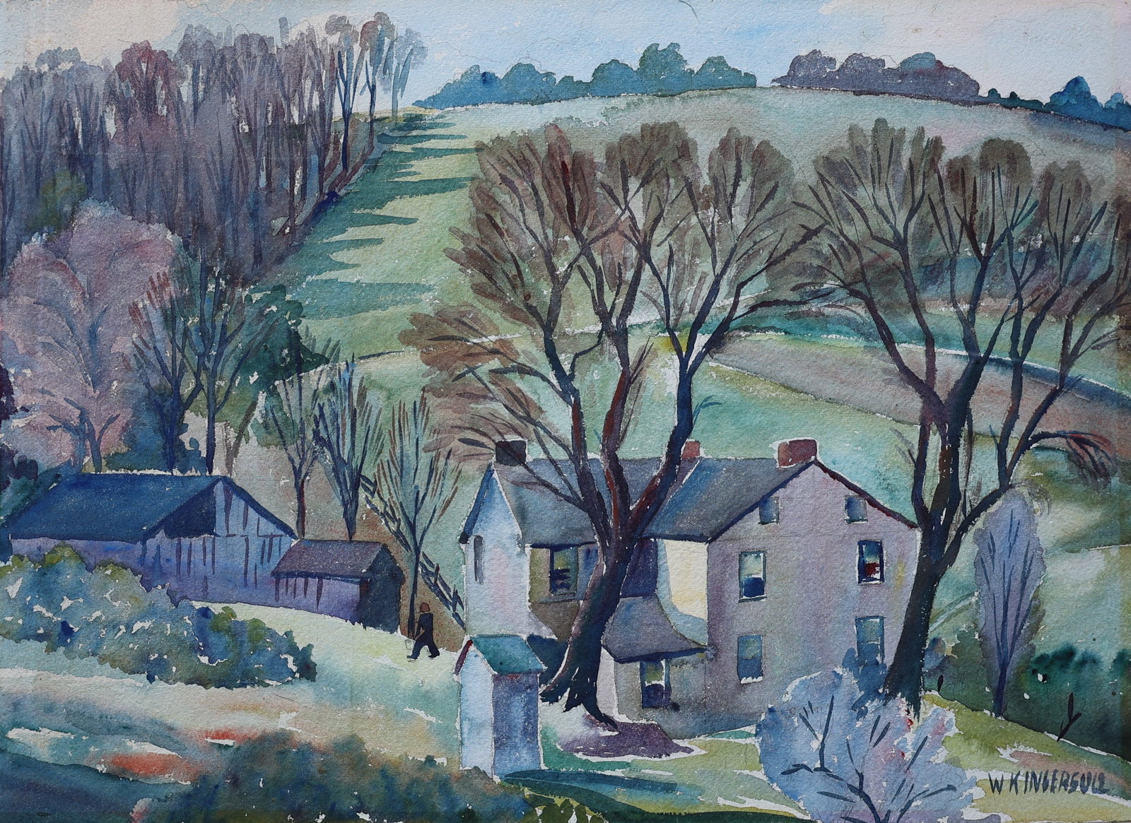 W Kingerson, Vintage Bucks County Pa Watercolor Painting Landscape with Homes: W Kingerson, Vintage Bucks County Pa Watercolor Painting Landscape with Homes. Size: image 15 in. x 21 in. ; outer mat board 21 1/4 in. x 26 in.
