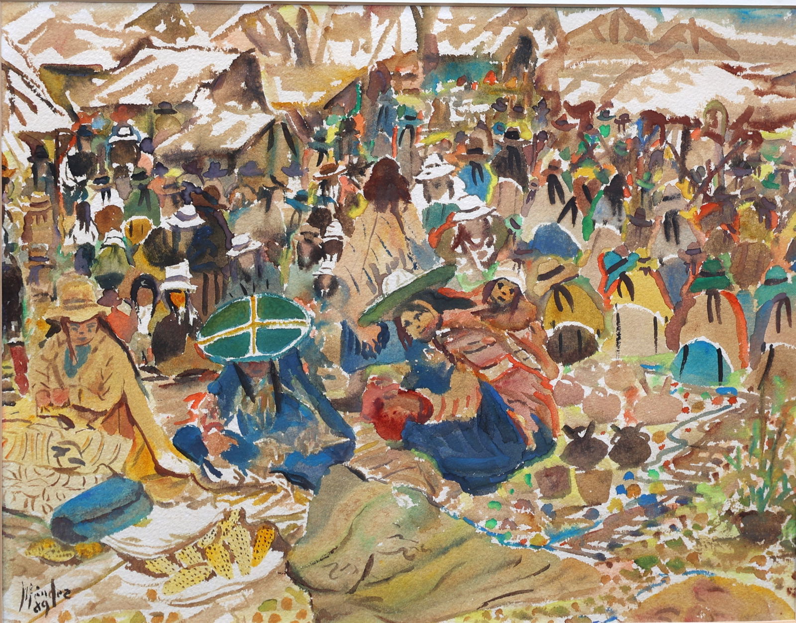 Marciano Mendez, Peru Artist, Watercolor Painting, Figures at a Marketplace, Signed, Framed (1 of 7)