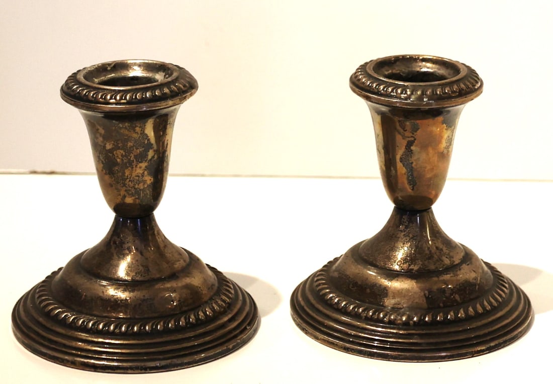 Sterling Silver Weighted Pair Candlesticks 3.5 in. height x 3.25 in. diameter base: Sterling Silver Weighted Pair Candlesticks 3.5 in. height x 3.25 in. diameter base