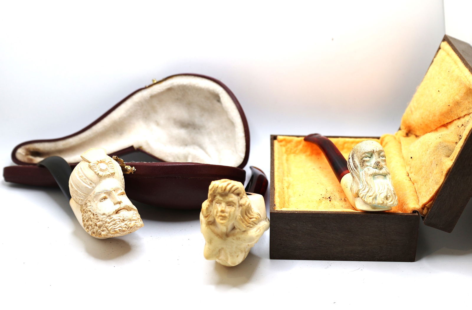 3 Assorted Carved Figural Meerschaum Smoking Pipes: Mermaid, Turkish Man, Bearded Man (1 of 5)