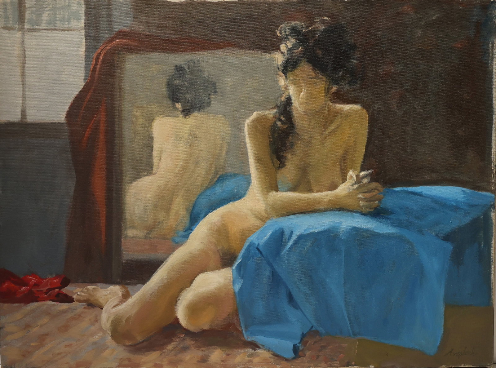ROBERT ANGELOCH 1922-2011 Woodstock NY - NUDE IN BEDROOM Oil on Canvas Painting. Signed ANGELOCH: ROBERT ANGELOCH 1922-2011 Woodstock NY - NUDE IN BEDROOM Oil on Canvas Painting. Signed ANGELOCH, with artist's inventory #73112, not framed. Provenance: Acquired directly from the artist's Estate. Si