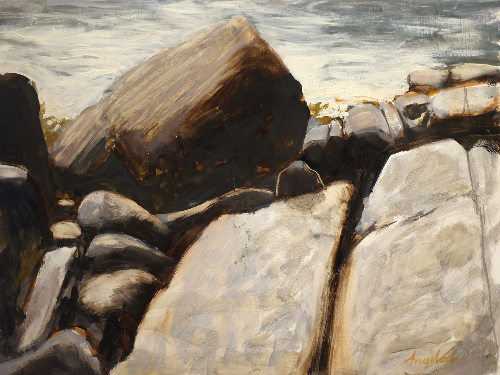 ROBERT ANGELOCH 1922-2011 Woodstock NY - OCEAN COASTAL ROCKS Oil on Board Painting , Signed Angeloch (1 of 5)