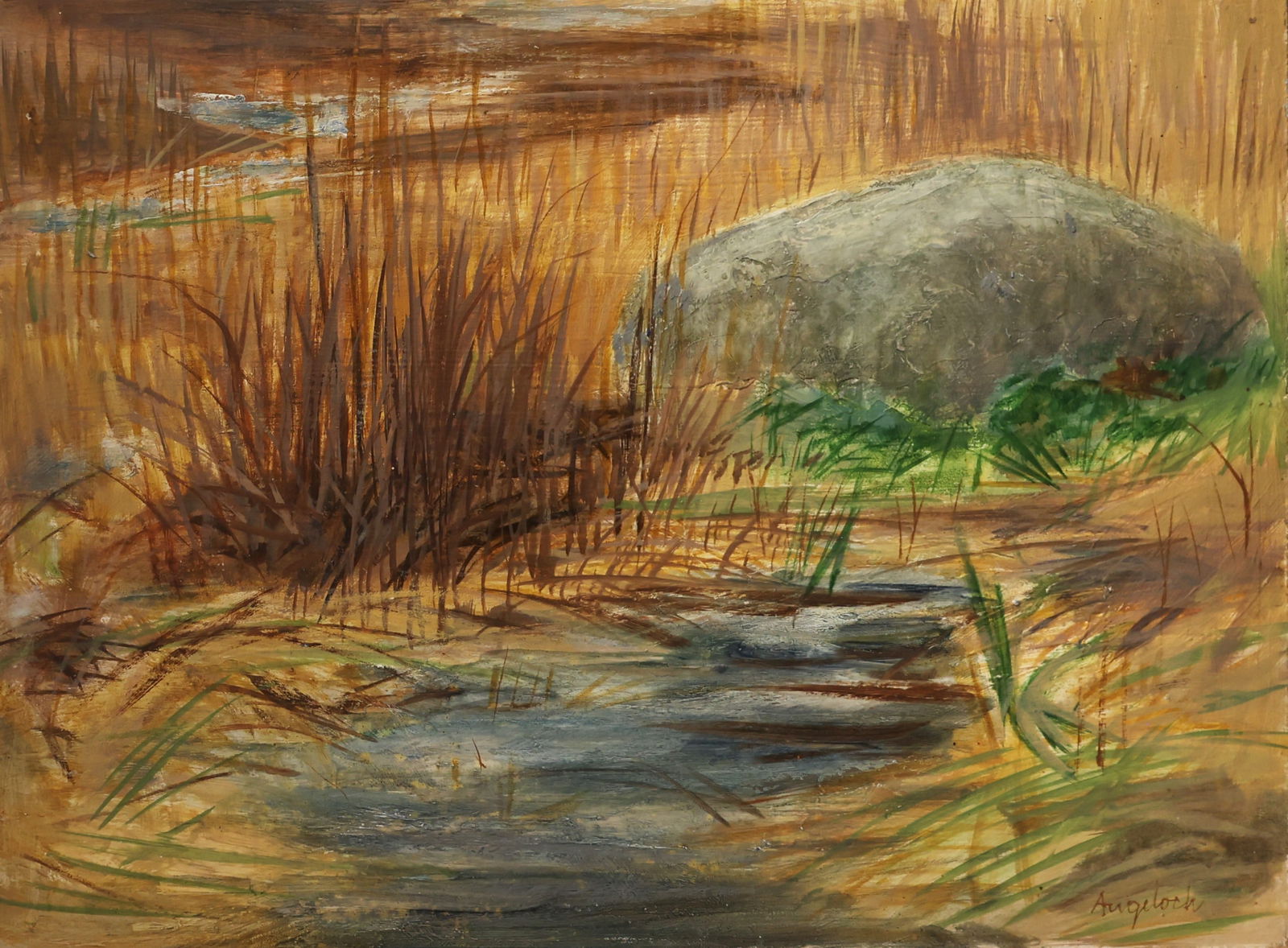 ROBERT ANGELOCH 1922-2011 Woodstock NY - MARSH 1961 Oil on Board Painting. Signed lower right: (1 of 5)