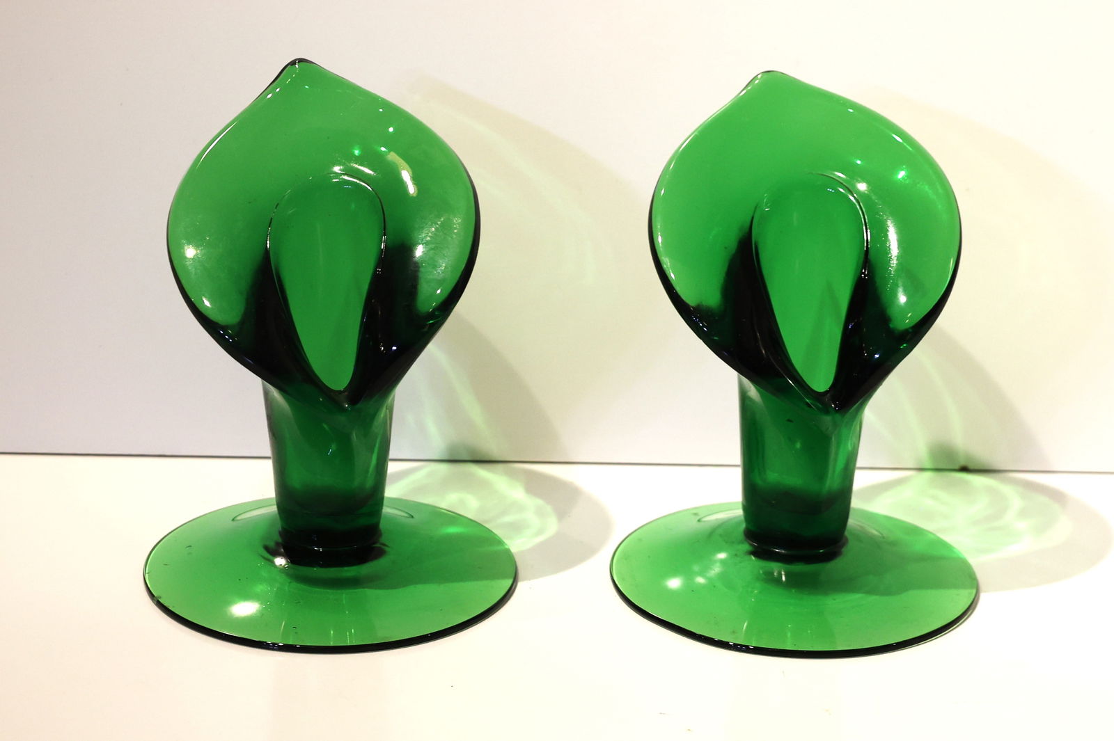 Pair Vintage Green Glass "Calla Lily" Flower Form Vases 6.25 in height x 4 5/8 in. dia. base (1 of 4)