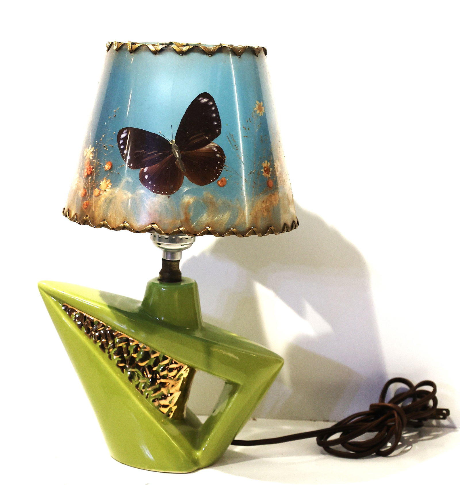 Vintage Mid-Century Modern Atomic Small Green Ceramic Lamp with 1950s Butterfly Shade: Vintage Mid-Century Modern Atomic Small Green Ceramic Lamp with 1950s Butterfly Shade. 13 in. height x 8 in. wide x shade 7 in.