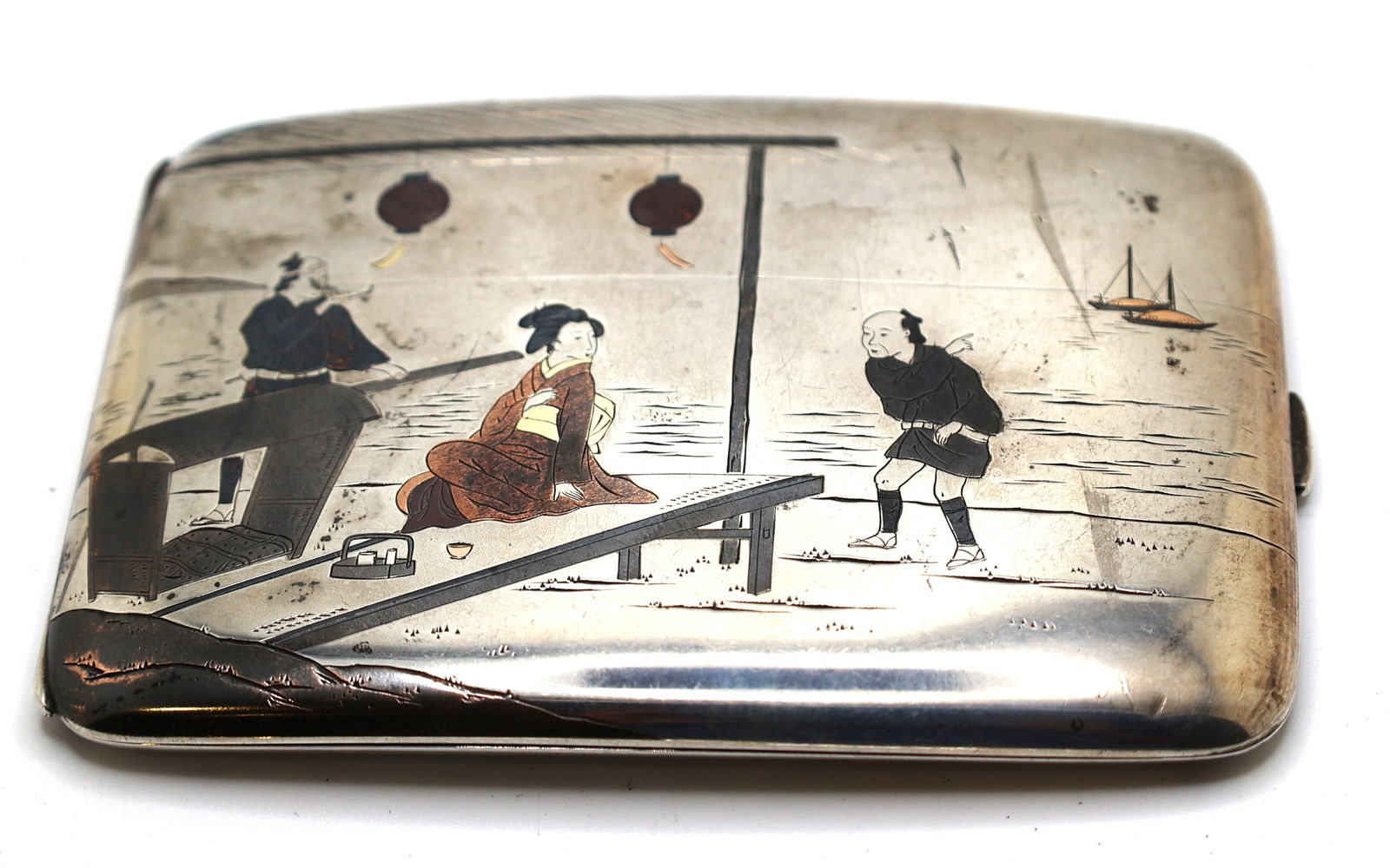 Vintage Sterling Silver 129.3 grams Asian Cigarette Case Etched and Inlay Scene 3 1/8 in. x 4.5 in. (1 of 5)