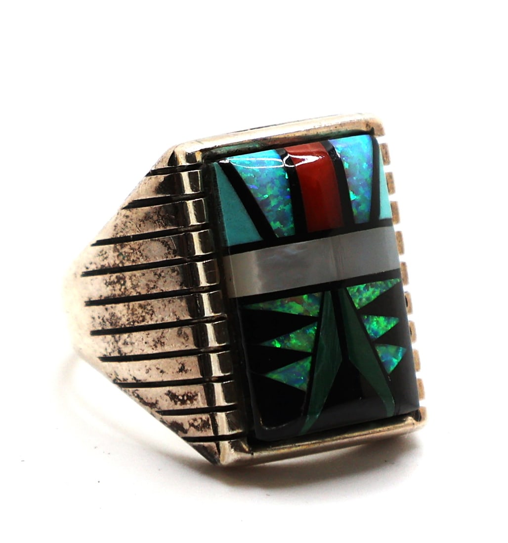 Hopi ? Sterling Silver S.B. Black Onyx, Opal, Coral, MOP Men's Ring Size 10.5 (1 of 5)