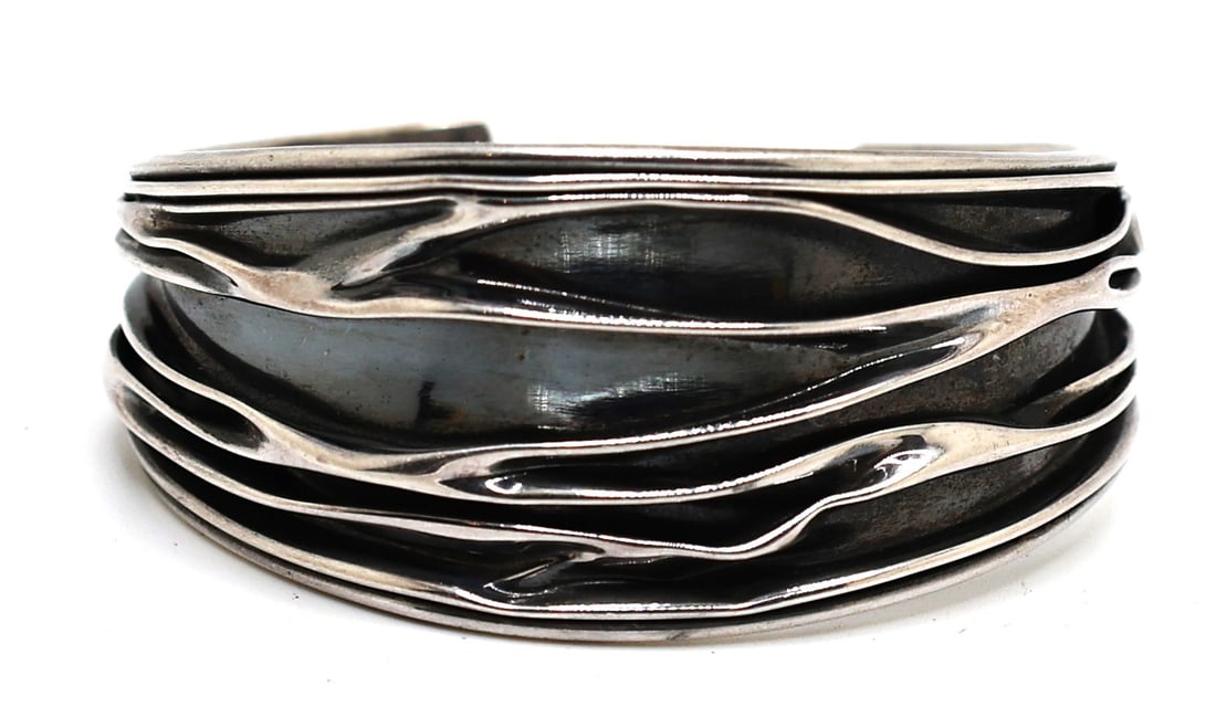 .925 Sterling Silver with Enameling Cuff Bracelet, weighs 29.7 grams , 2 1/4 in. x 2 1/8 in. (1 of 5)