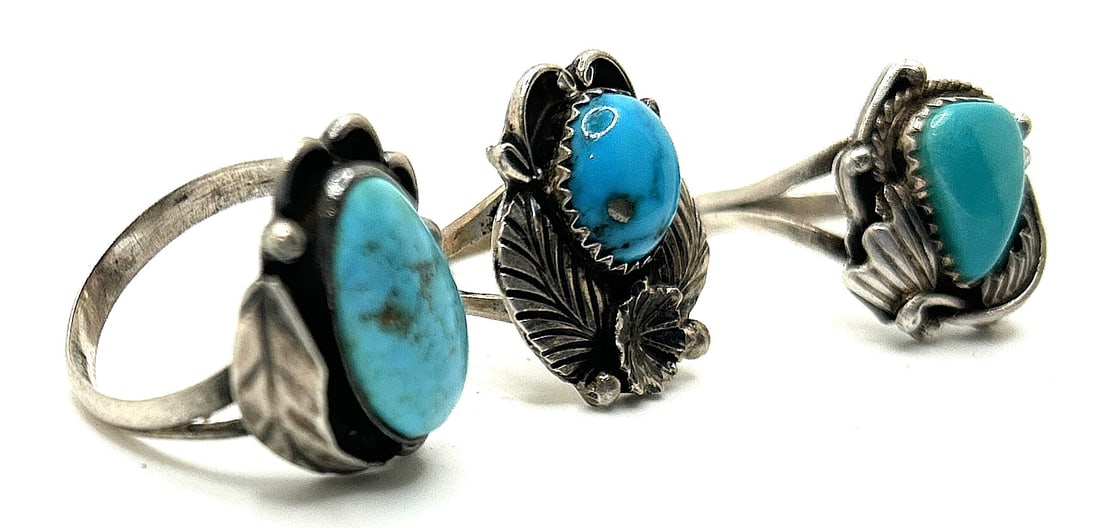 3 Assorted Sterling Silver Rings: .925 Turquoise Feather Design Size 7; E Secatero Sleeping Beauty (1 of 5)