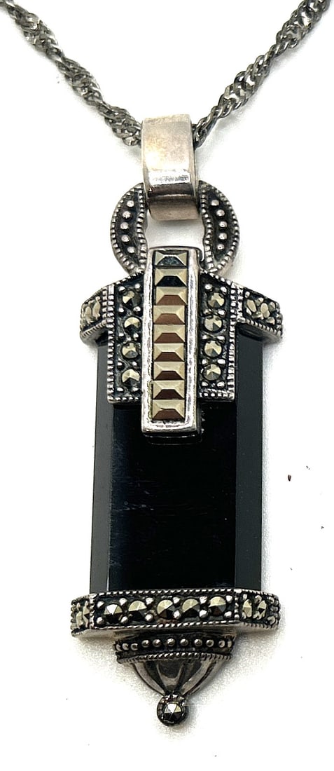 .925 Sterling Silver Art Deco Black Onyx & Marcasites Pendant Necklace on .925 Twist Chain 28 in. (1 of 4)