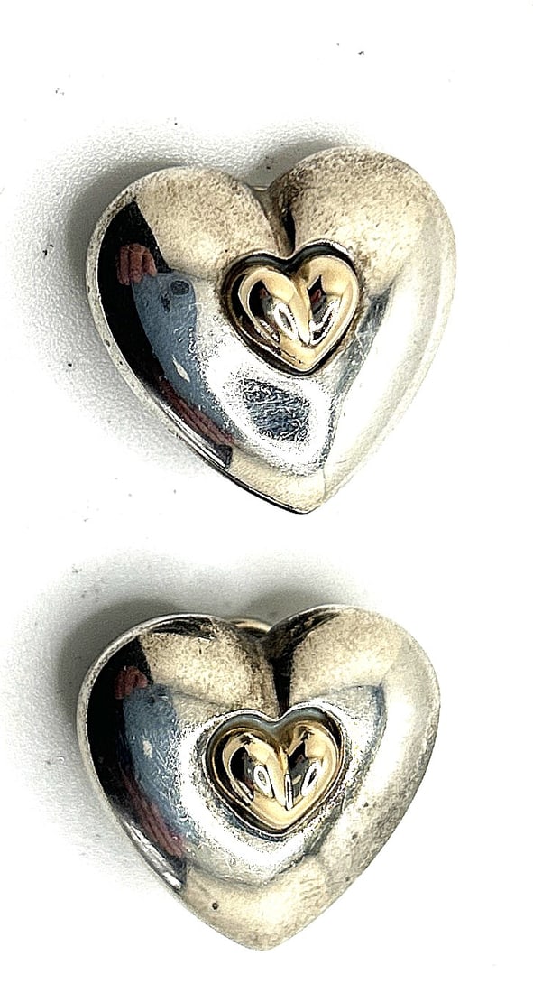 Espo SiG, Joseph Esposito, .925 Sterling and 14K Gold Heart Clip-on Earrings 11.5 grams, 3/4 in.: Espo SiG, Joseph Esposito, .925 Sterling and 14K Gold Heart Clip-on Earrings 11.5 grams, 3/4 in.