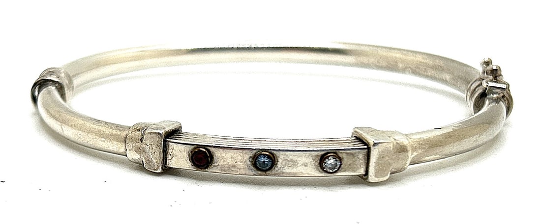 Sterling Silver with Clear Red, Blue Spinels Bangle Bracelet 2 3/8 in. x 2 5/8 in. x 1/4 in. (1 of 3)