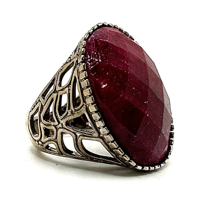 .925 Sterling Silver GENUINE RUBY Faceted Ring Size 7 , 1 1/8 in. x 7/8 in. (1 of 7)