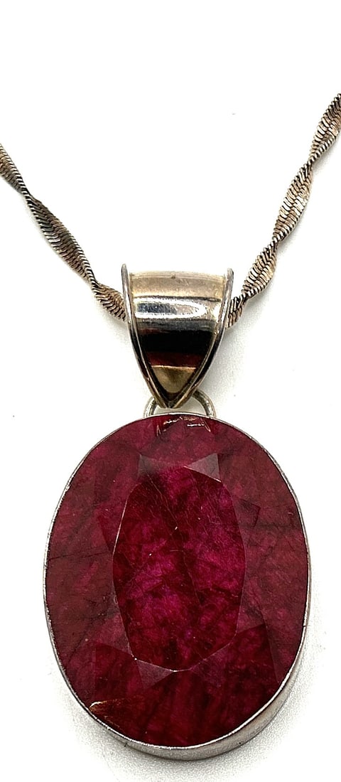 .925 Sterling Silver GENUINE RUBY Faceted Large Pendant Necklace .925 Sterling 19 in. Chain (1 of 4)