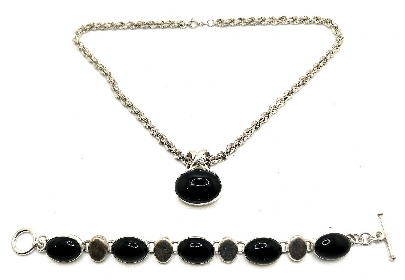 .925 Sterling Silver Black Onyx Pendant Necklace on Heavy Sterling Rope Chain & Bracelet (1 of 9)