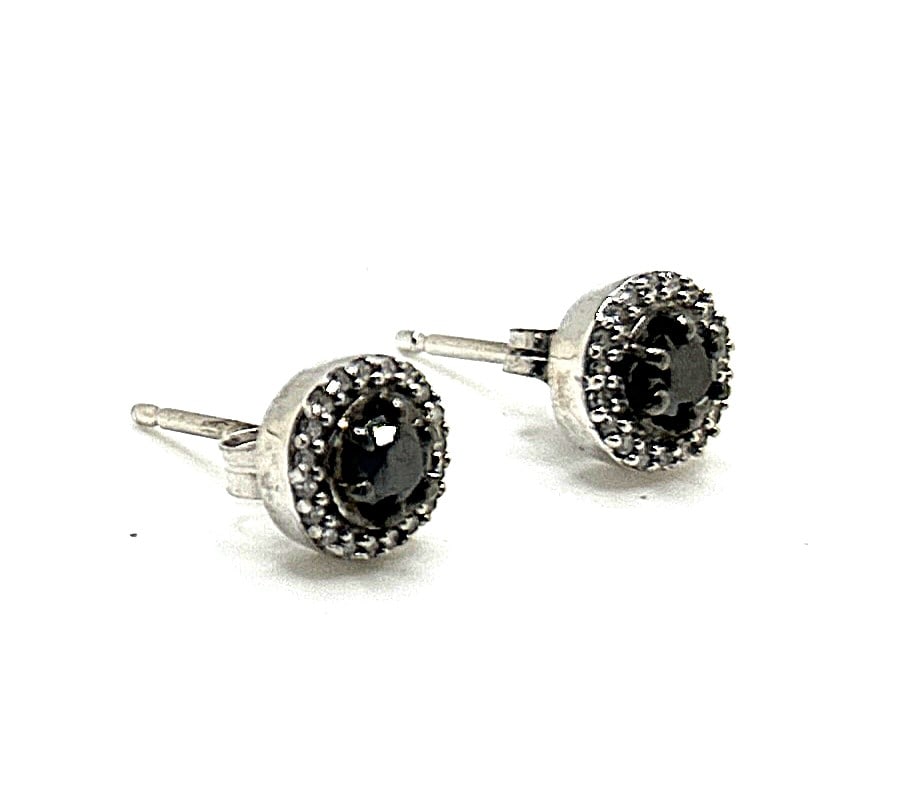 marked JWBR .925 Sterling Silver Black and Clear Diamond Studs Earrings 1/4 in. diameter (1 of 4)
