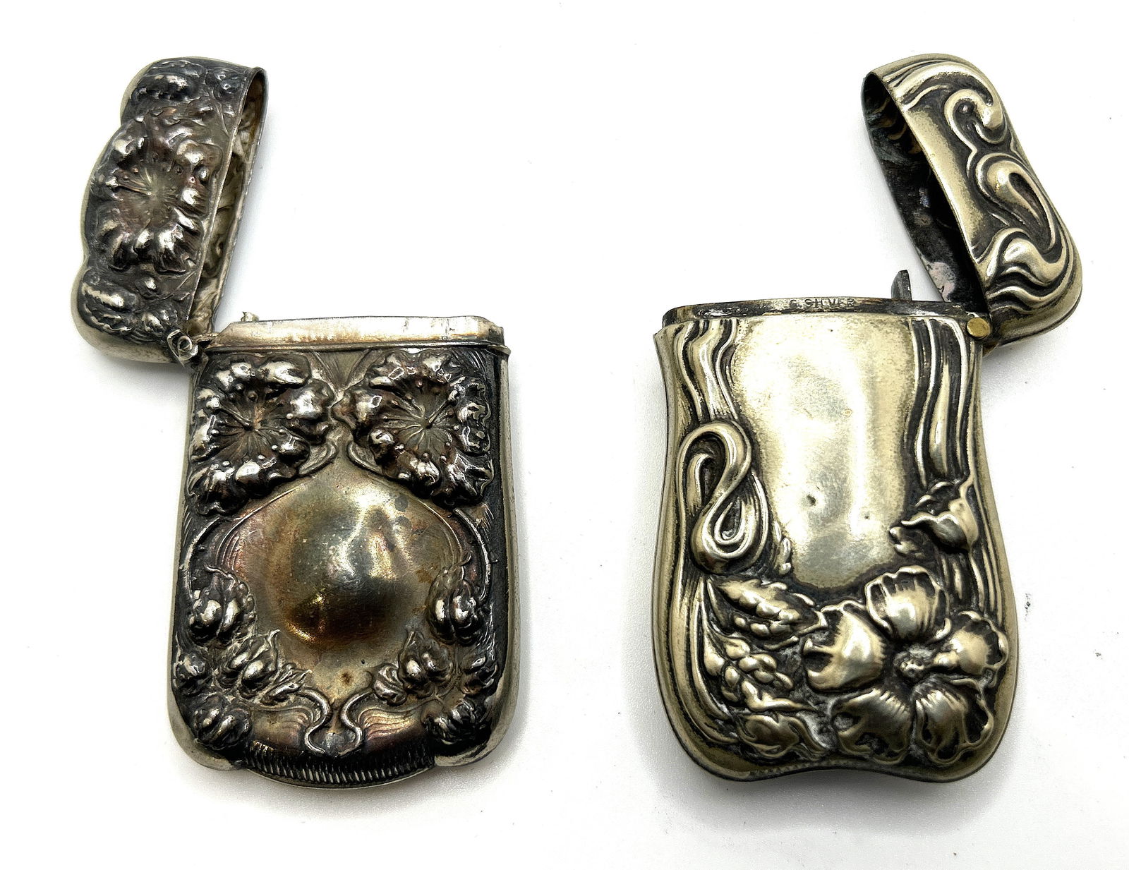2 Circa 1880s Art Nouveau Match Safes Embossed Designs and Flowers, Silveroin & G Silver (1 of 4)