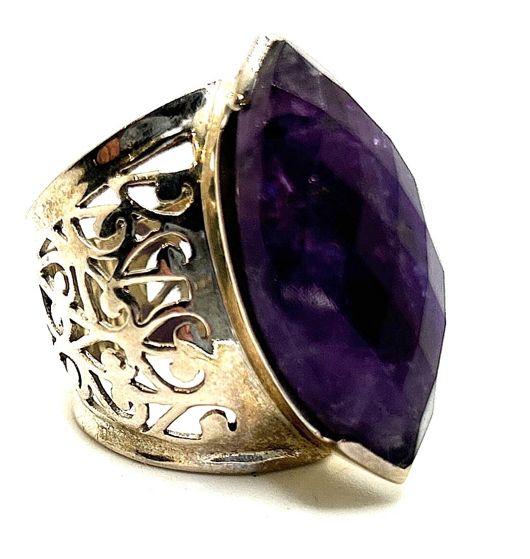 .925 Sterling Silver Large Open Work Statement RING Marquise Amethyst, Ring Size 8 ; 1 in. x 1 1/4 (1 of 6)