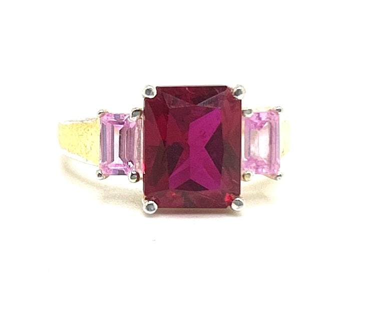 .925 Sterling Silver with Ruby Center Stone and 2 Pink Topaz Ring Size 7.25,  3/4 in. x 3/8 in. (1 of 5)