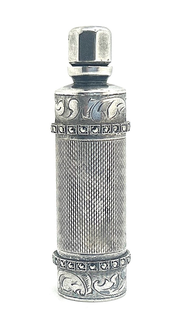 Circa 1915-1920 Sterling Silver Perfumer Bottle with Marcasites 2 1/2 in. x 5/8 in.: Circa 1915-1920 Sterling Silver Perfumer Bottle with Marcasites 2 1/2 in. x 5/8 in.