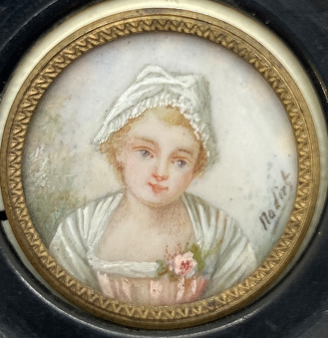 Miniature 19th C. Painting Portrait of Young Girl Artist Signed, Framed, image 1 1/8 in. round dia. (1 of 5)
