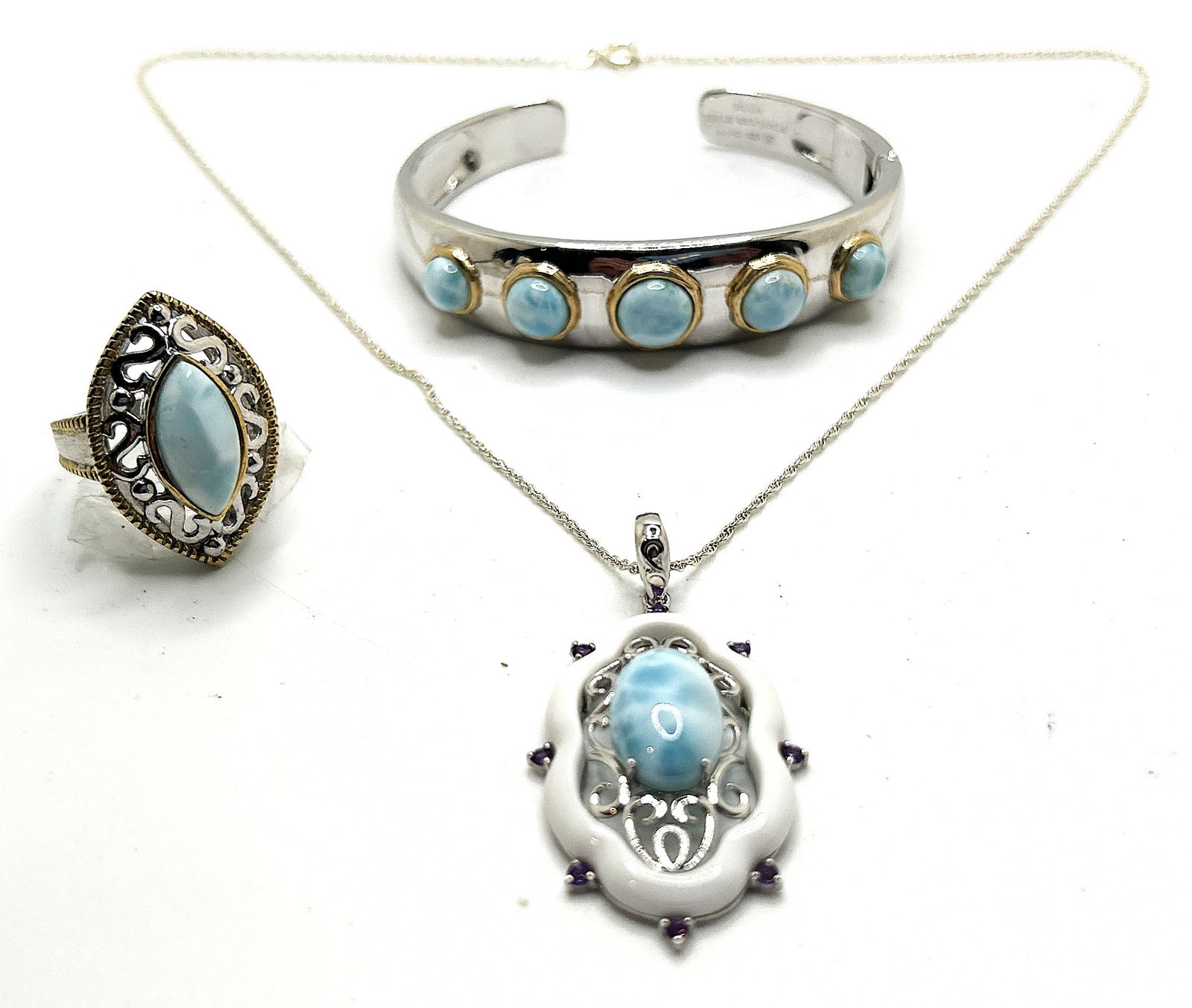 4-Piece Sterling Silver and Larimar Pendant, Chain, Cuff Bracelet and Ring size 9.25 (1 of 5)