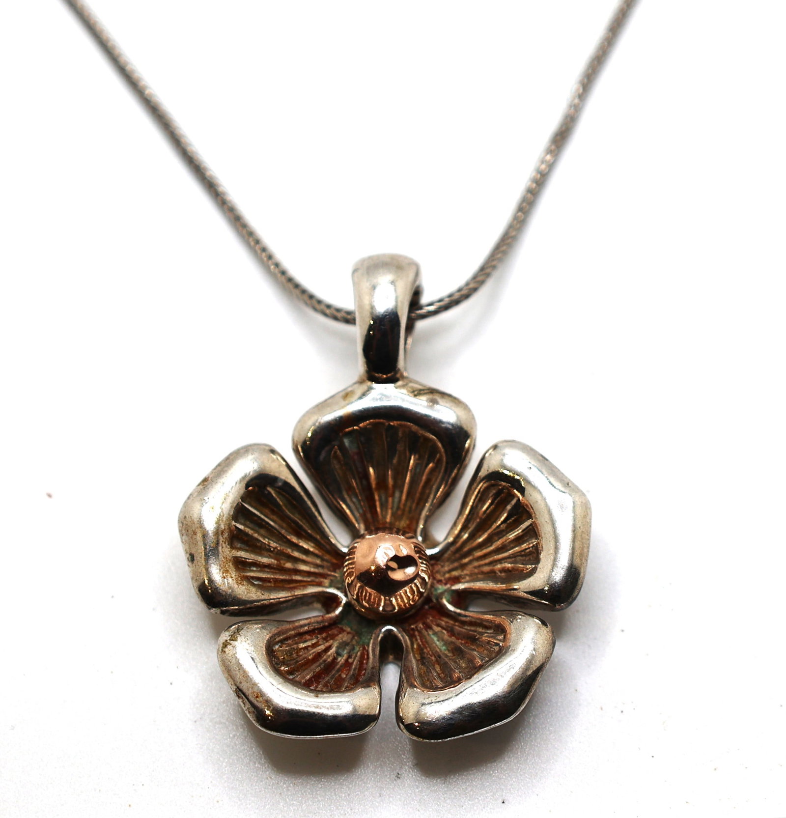 Sterling Silver and 14K Gold Espo Joseph Esposito Dogwood Flower Enhancer Necklace .925 Chain: Sterling Silver and 14K Gold Espo Joseph Esposito Dogwood Flower Enhancer 1 1/2 in. Necklace on .925 Chain 16 in.