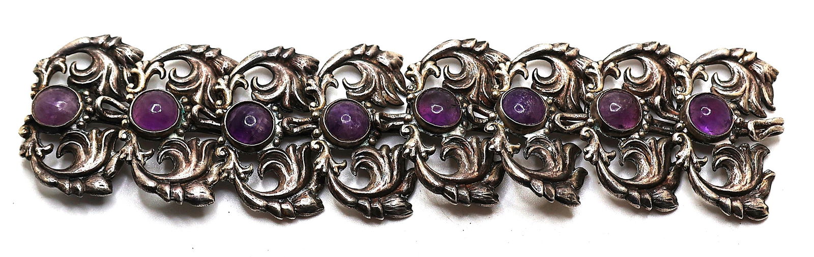 Mexico Sterling Silver with Amethyst 8-Panel Flower Carved and Amethyst Cabochons Bracelet. 6 1/2 in (1 of 4)