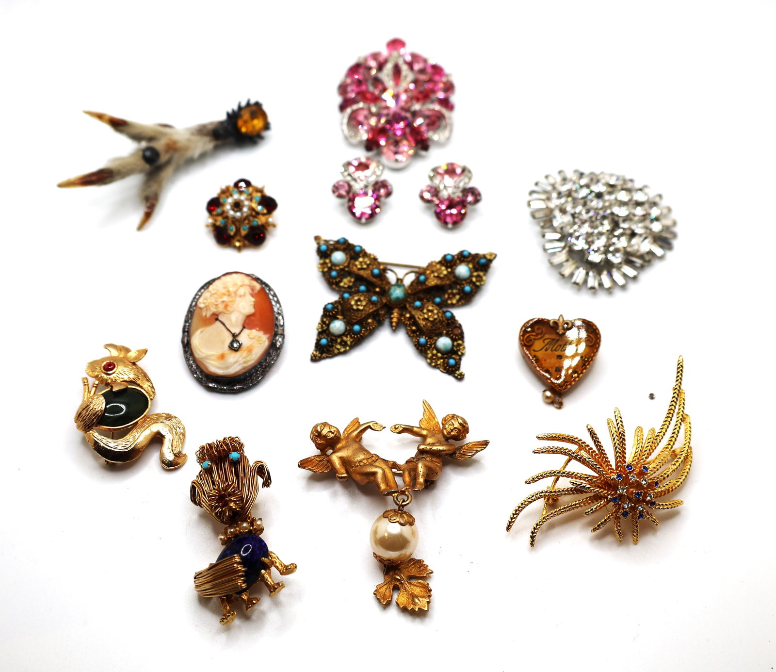 13 Assorted Pieces Costume Jewelry Fashion Pins: Eisenberg 3-Pc. Pink Rhinestone Pin with Earrings (1 of 6)
