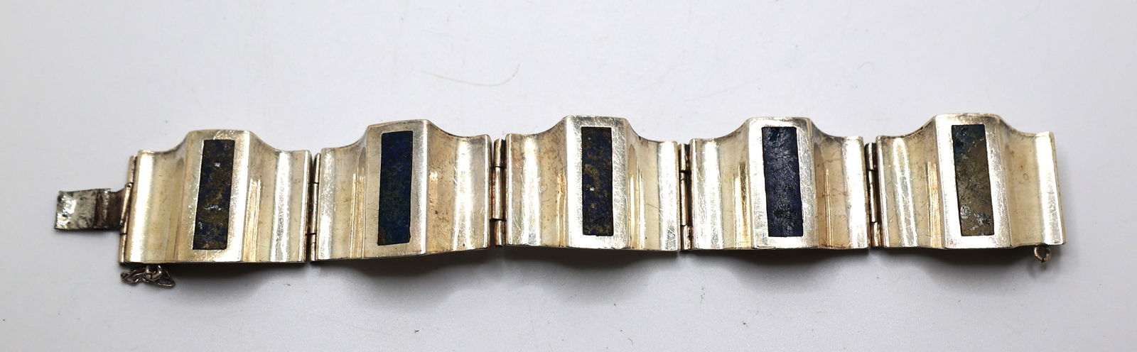 .925 Sterling Silver 58.6 grams, Mexico Nester .925 and Lapis 5-Panel Bracelet 7 1/2 in. x 1 1/8 in. (1 of 5)