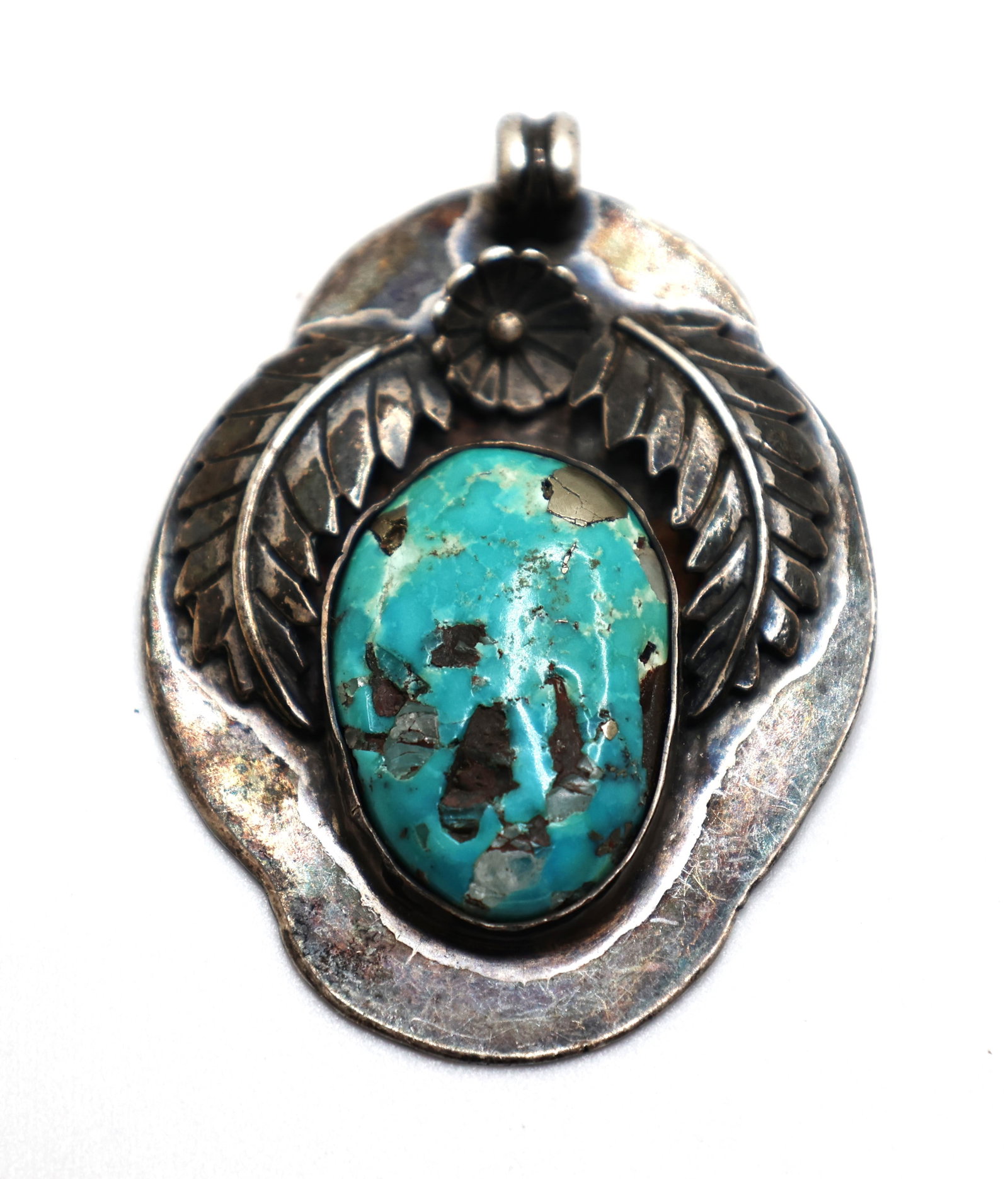 Sterling Silver with Feather and Turquoise Pendant Native American 2 in. x 1 1/2 in.: Sterling Silver with Feather and Turquoise Pendant Native American 2 in. x 1 1/2 in.