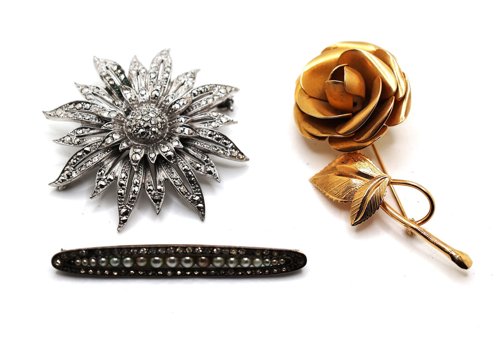 [3] Sterling Silver Victorian Bar Pin 2 in. x 1/4 in.; Sterling Marcasite Sunflower Pin 2 in. dia.; (1 of 2)