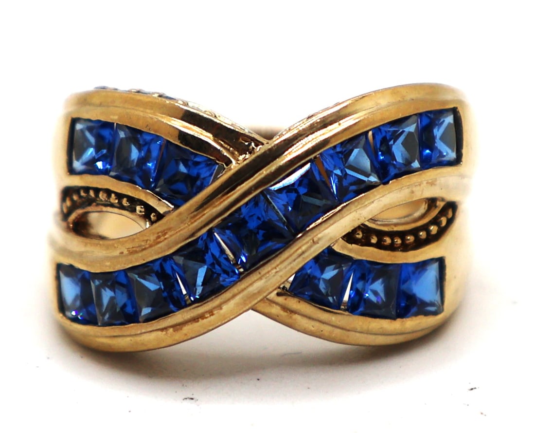 .925 Sterling Silver with Cross Over Blue Spinels Ring Size 8, 7/8 in. x 1/2 in.: .925 Sterling Silver with Cross Over Blue Spinels Ring Size 8, 7/8 in. x 1/2 in.