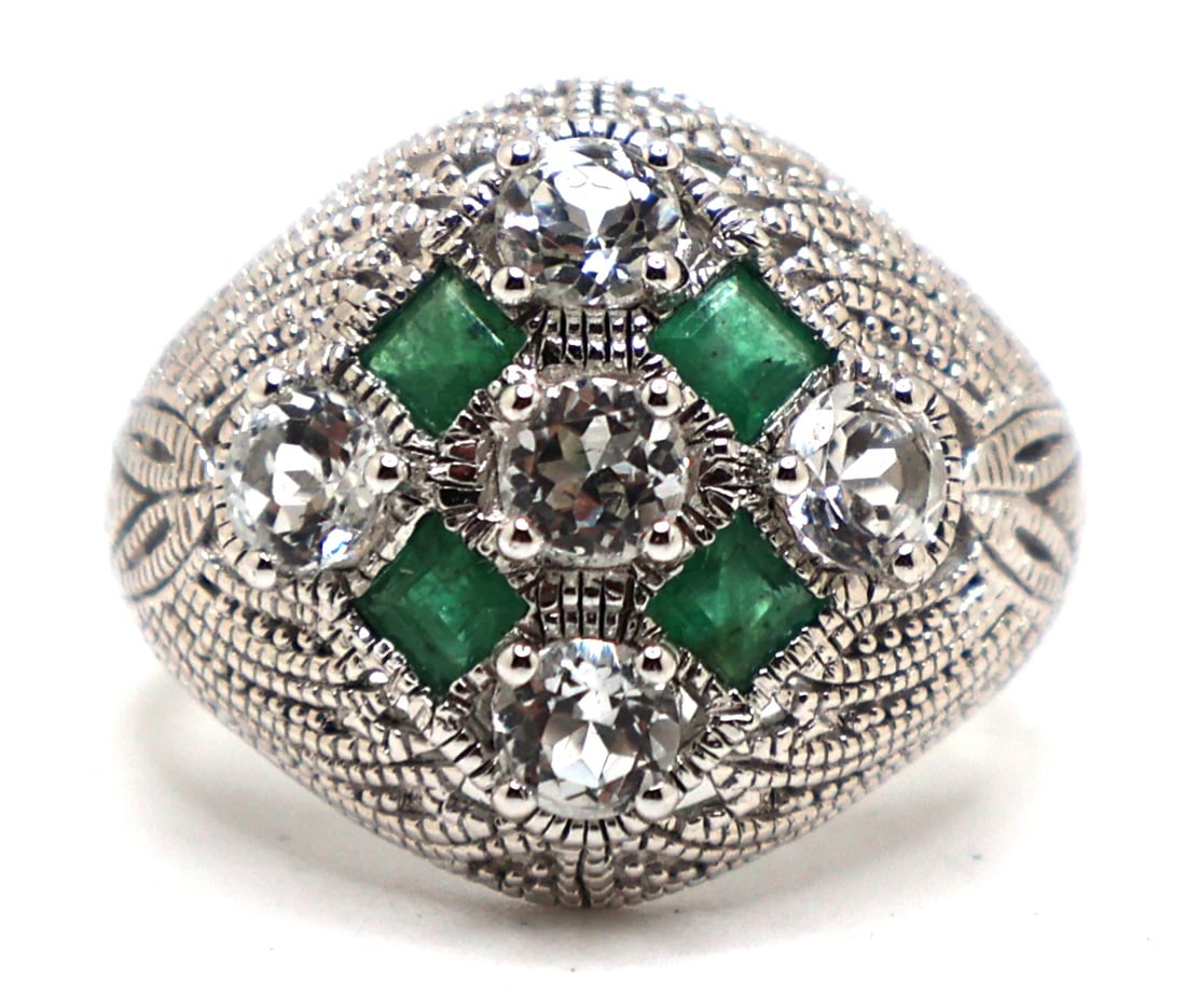 .925 Sterling Silver with 4 Emeralds and 5 White Sapphires Cocktail Ring Size 7.25 (1 of 5)