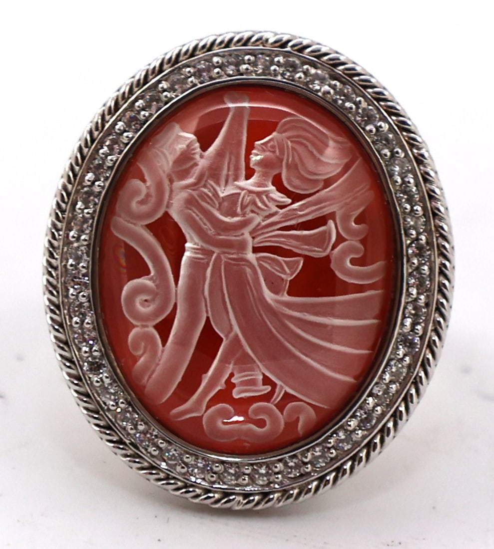 STUNNING Sterling Silver Internal Art Deco Intaglio Dancing Duet Pools of Red Agate Ring Size 6 (1 of 4)