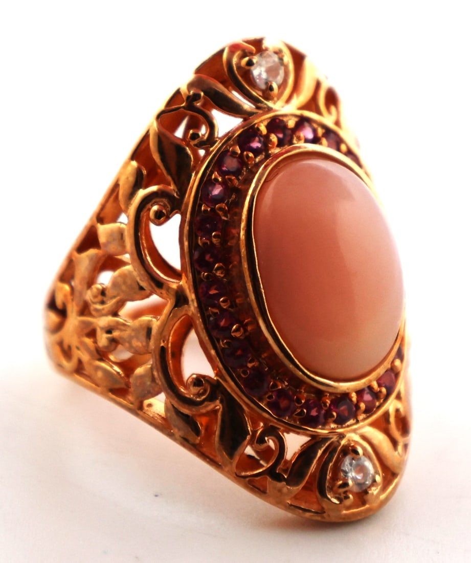 .925  Sterling Silver MLD Michelle Leonardo Designs Vermeil with Pink Coral Center Stone Ring size 8 (1 of 5)