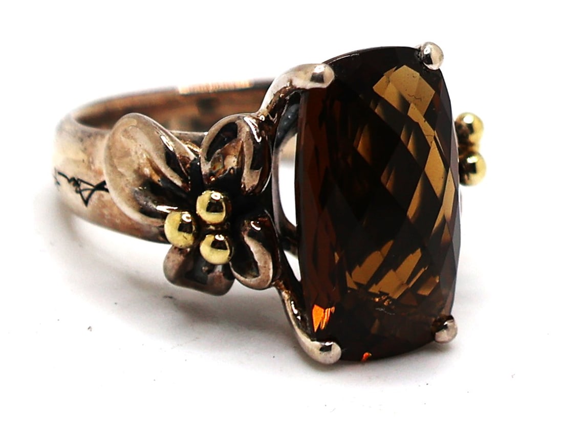 .925  Sterling Silver & 18K Gold Large Faceted Smokey Topaz with 18K Gold Flowers Ring Size 8 (1 of 5)